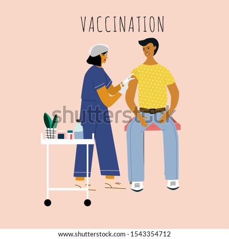 Vaccination and immunization concept. Man make a vaccine injection of flu.  Doctor   with syringe and gloves vaccinating a man at the medical laboratory. Flat trendy vector illustration.