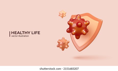 Vaccination or Immunization concept. Realistic 3d shield with viruses. Vaccination is safe and important. Medial concept in cartoon minimal style. Vector illustration