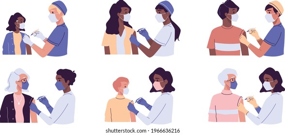 Vaccination, immunization concept. Set of doctors, nurses, pediatrician vaccinating people, adults, children, elderly patients. Medical office, laboratory. Hospital staff in masks, gloves with syringe