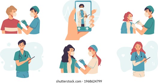 Vaccination, immunization concept. Set of doctors, nurses, surgeon vaccinating people. Hospital staff in masks, gloves. Medical consultation and support set,  Online advise, chat service, telemedicine