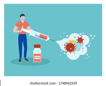 Vaccination, immunization concept for web design with syringe, vaccine, bottle, antibodies beat, box virus. Template, banner, poster, icon to get flu shot. Flat vector illustration, isolated objects.