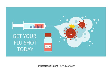 Vaccination, immunization concept for web design with syringe, vaccine, bottle, antibodies beat, box virus. Template, banner, poster, icon to get flu shot. Flat vector illustration, isolated objects.