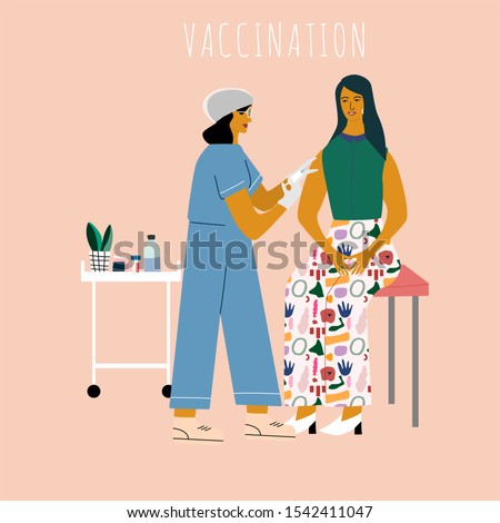 Vaccination and immunization concept. Woman make a vaccine injection of flu.  Doctor   with syringe and gloves vaccinating a woman at the medical laboratory. Flat trendyl vector illustration.