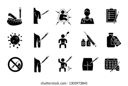 Vaccination and immunization glyph icons set. Silhouette symbols. Vaccines for kids, adults. Flu, hepatitis diseases prevention. Viral and bacterial infections tolerance. Vector isolated illustration