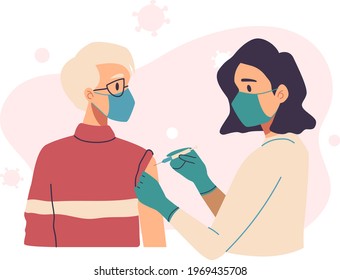 Vaccination, immunization, health concept. Doctor or nurse vaccinating elderly patient, old man. Medical office, laboratory. Hospital staff in mask, gloves with syringe. 