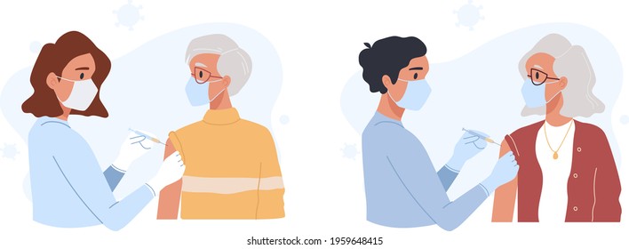 Vaccination, immunization, immunity health concept set. Doctors, nurse vaccinating elderly patient, old people. Medical office, laboratory. Hospital staff in mask, gloves with syringe. 