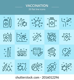 Vaccination and immunization line icon set. Collection of editable stroke symbols. Vaccines against virus, vaccination sheldule, anti vaccine, shield virus. Flu, hepatitis, measles covid prevention