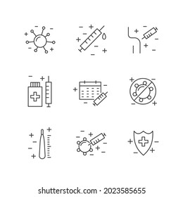 Vaccination and immunization line icon set. Collection of linear symbols. Vaccines against virus, vaccination sheldule, anti vaccine, shield virus. Flu, hepatitis, measles covid prevention