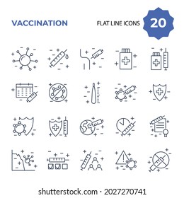 Vaccination and immunization line icon set. Collection of linear symbols. Vaccines against virus, vaccination sheldule, anti vaccine, shield virus. Flu, hepatitis, measles covid prevention