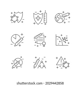 Conjunto de iconos de la línea de vacunación e inmunización. Colección de símbolos lineales. Vacunas contra el virus, el programa de vacunación, la vacuna contra el virus blindado. Prevención de la gripe, la hepatitis, el sarampión