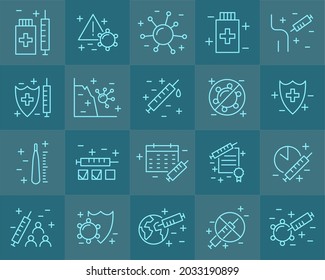 Vaccination and immunization line icon set. Collection of editable stroke symbols. Vaccines against virus, vaccination sheldule, anti vaccine, shield virus. Flu, hepatitis, measles covid prevention