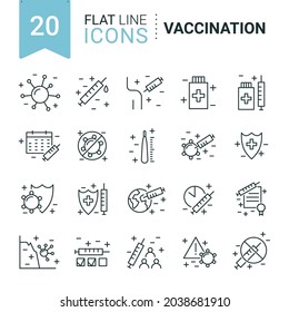 Vaccination and immunization line icon set. Collection of linear symbols. Vaccines against virus, vaccination sheldule, anti vaccine, shield virus. Flu, hepatitis, measles covid prevention