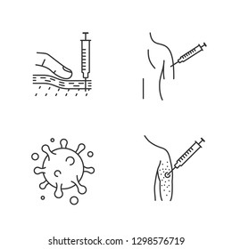 Vaccination And Immunization Linear Icons Set. Thin Line Contour Symbols. Subcutaneous Injection, Flu Shot, Influenza Virus, Vaccine Allergy. Isolated Vector Outline Illustrations. Editable Stroke