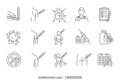 Vaccination and immunization linear icons set. Thin line contour symbols. Vaccines for kids, adults. Flu, hepatitis, measles diseases prevention. Isolated vector outline illustrations. Editable stroke