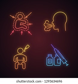 Vaccination and immunization neon light icons set. Glowing signs. Kid's immune system, coughing, oral vaccine, syringe and vials. Vector isolated illustrations