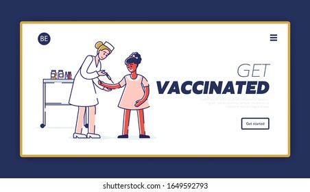 Página de Inicio del Sitio Web de Vacunación, Procedimiento de Inmunización. Médico Pon la Inyección en Niños. Cartel de la página web de Medicina Médica para Chica en Hospital. Ilustración de vectores planos de caricatura, arte de línea