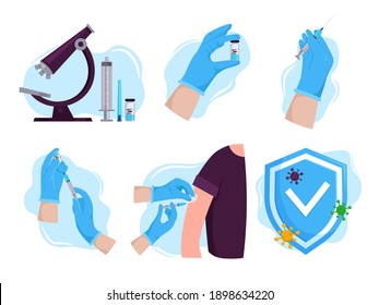 Vaccination and immunization set. Covid-19 prevention. Hands making an injection. Safety measure during coronavirus. Vector illustration.