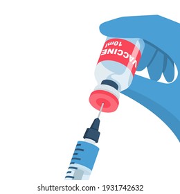 Vaccination and immunization. Syringe and ampoule close-up in the hands of the doctor. Hands in gloves. Doctor makes a vaccine. Vector illustration flat design. Isolated on white background.