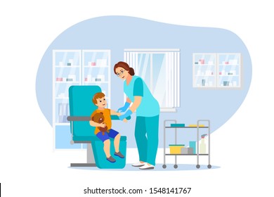 Vaccination and immunization, vector flat cartoon illustration. Female pediatrician doctor gives child vaccine injection. Healthcare and infection prevention concept.