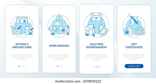 Vaccination incentives onboarding mobile app page screen. Gift certificates walkthrough 4 steps graphic instructions with concepts. UI, UX, GUI vector template with linear color illustrations