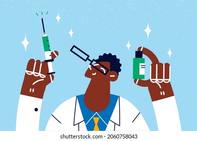 Vaccination and injection during pandemic concept. Young smiling black man doctor cartoon character standing holding syringe and vaccine in hands vector illustration 