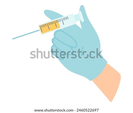 Vaccination injection in flat design. Doctor hand in glove holds syringe. Vector illustration isolated.