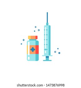 Vaccination and injection flat icon in blue, orange and yellow. Medicine symbols for apps, sites, mobile, web, posters, banners. Covid-19 vaccine. Coronavirus immunization.