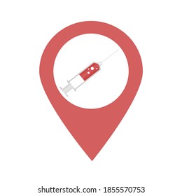 Vaccination injection location map pin pointer icon. Element of map point for mobile concept and web apps. Icon for website design and app development. Premium medical syringe, pharmacy location.