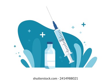 Vaccination,  injection. Vaccine bottle and syringe. Covid-19 Coronavirus concept