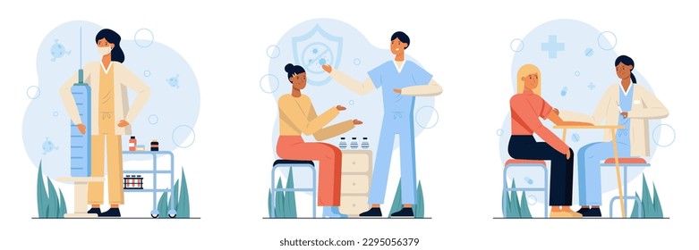 Vaccination, inoculation. Timely protection against disease. Precautionary anti-epidemic agent. Set of vector images about doctors and patients. Selection of vaccine, instruction, conducting procedure