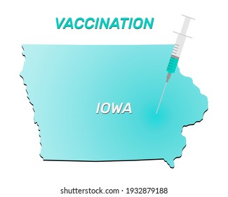 Vaccination of Iowa. Coronavirus vaccine concept, syringe of vaccine and needle planting on Iowa map.