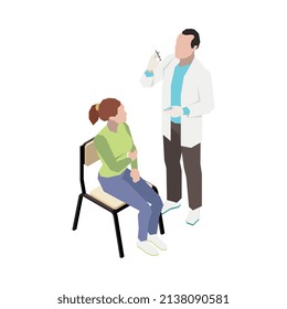 Die isometrische Zusammensetzung der Impfung mit den Charakteren des sitzenden Patienten und des Arztes, die sich darauf vorbereiten, eine jab-Vektorgrafik zu zeigen