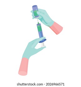 Vaccination isometric composition with human hands in gloves filling syringe with vaccine vector illustration