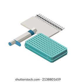 Composición isométrica de vacunación con imagen aislada del kit con ampollas de vacuna y jeringa en ilustración vectorial de fondo en blanco