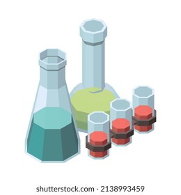Vaccination isometric composition with isolated images of test tubes jars and vials on blank background vector illustration