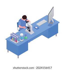 Vaccination isometric composition with view of lab working place with scientist at table with microscope and test tubes vector illustration