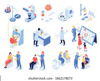 Vaccination isometric set of equipment for scientific researches and medical staff vaccinates patients isolated vector illustration 