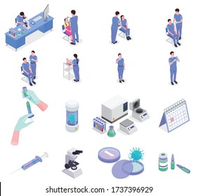 Vaccination isometric set of isolated syringe and tube icons with virus images and characters of doctors vector illustration