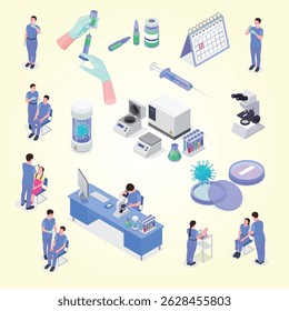 Vaccination isometric set of isolated syringe and tube icons with virus images and characters of doctors vector illustration