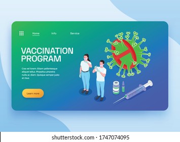 Vaccination isometric web site landing page with images of virus vaccine medical specialists links and text vector illustration