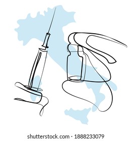 Vaccination in Italy. Vector illustration of a syringe with vaccine and vial in the hand and with Italia map on the background. Poster, banner for news