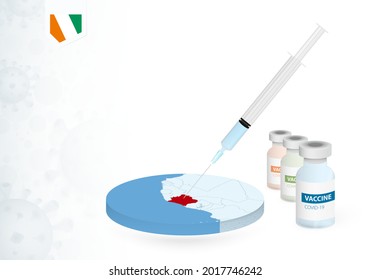 Impfung in Côte d'Ivoire mit verschiedenen Arten von COVID-19-Impfstoffen. С mit der Impfstoffinjektion in der Karte von Côte d'Ivoire. Vektorgrafik.