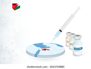 Vaccination in Jordan with different type of COVID-19 vaccine. Сoncept with the vaccine injection in the map of Jordan. Vector illustration.