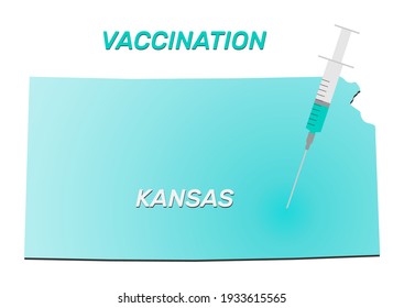 Vaccination of Kansas. Coronavirus vaccine concept, syringe of vaccine and needle planting on Kansas map.