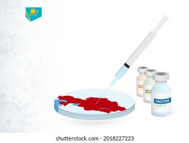 Vaccination in Kazakhstan with different type of COVID-19 vaccine. Сoncept with the vaccine injection in the map of Kazakhstan. Vector illustration.