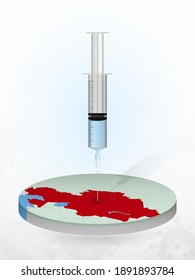 Vaccination of Kazakhstan, injection of a syringe into a map of Kazakhstan. Vector illustration of a syringe with vaccine and map.