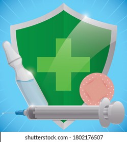 
Vaccination kit with green shield, syringe, ampoule and medical plaster ready to be used and promoting immunization campaign.