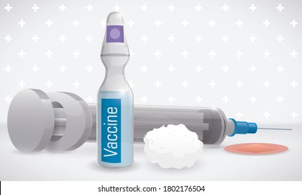 
Vaccination kit ready to be used: syringe, ampoule with vaccine and VVM label, cotton ball and round medical plaster over cross pattern.