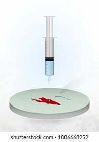 Vaccination of Kyrgyzstan, injection of a syringe into a map of Kyrgyzstan. Vector illustration of a syringe with vaccine and map.