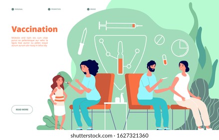 Vaccination landing page. Flu vaccine, baby and adult web banner. Health, immunization, clinic or hospital visitors. Medical vector concept